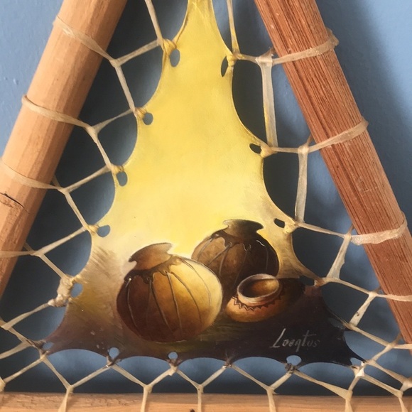 Rustic handpainted on leather & wood sticks frame Native American oil painting - Picture 15 of 16